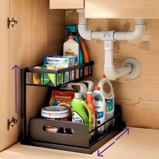 “Under Sink Organizer – 2-Tier Adjustable Rack for Kitchen & Bathroom – Slide-Ou