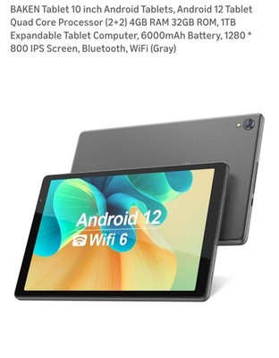 BAKEN 10'' Android 12 Tablet Gray 4GB RAM 32GB IPS WiFi Bluetooth Camera