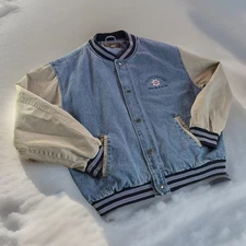 Port Authority Men's L Blue Brown Denim Varsity Bomber Jacket 90s Vintage