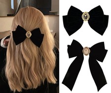 2 Pcs Velvet Hair Bows Black Ribbon Clips, Cute 1 Count Pack of 2 ,