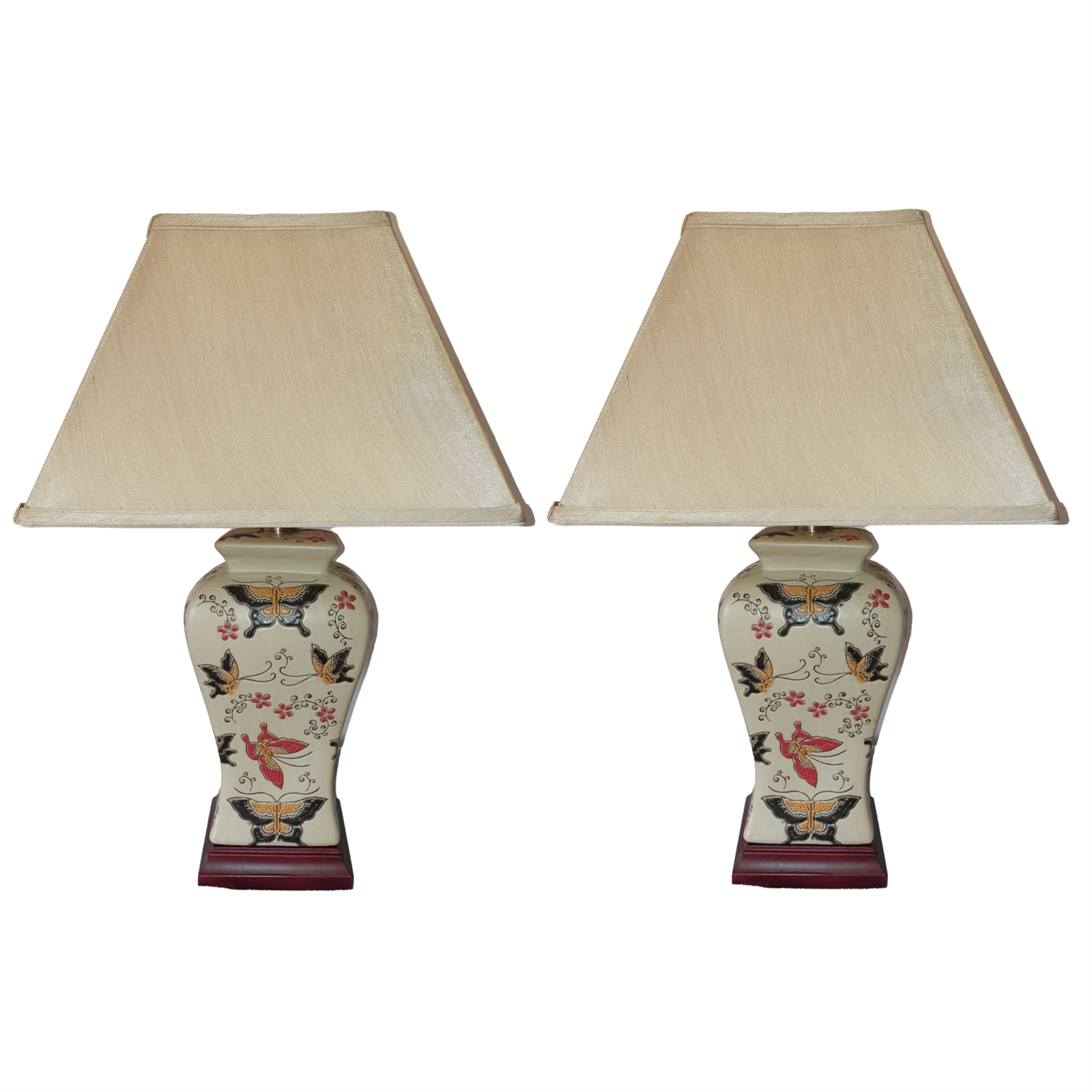 Pair of Chinese Vase Table Lamps with Shades - Butterfly Pattern - 54cm