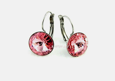 AUSTRIAN CRYSTAL 11MM LT. ROSE, SST.,LEVER-BACK EARRINGS-SIZE: MEDIUM