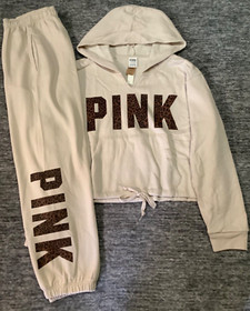 Victoria's Secret Pink Leopard Campus Hoodie + Campus Pants Set Vanilla Bean XL