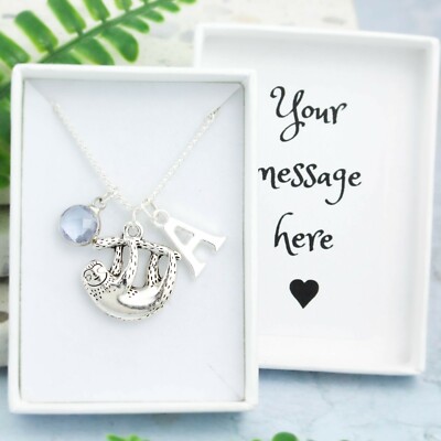 Sloth Necklace, Personalised Gift, Initial And Birthstone, Cute Animal Jewellery