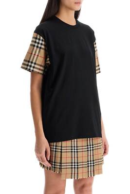 Tシャツ・カットソー BURBERRY Women Tops 8073028 A1189 BLACK T-shirt with Check sleeves BURBERRY Woman Tg. M 8073028
