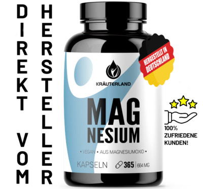 KRÄUTERLAND Magnesium Kapseln 365 Stück, vegan, Magnesiumoxid, hoch Bioverfügbar