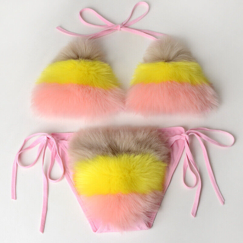 Single Fur String Fox Fur Swimsuit Beach Bikini Sexy Split Fur Bikini Set Micro Bra G ...