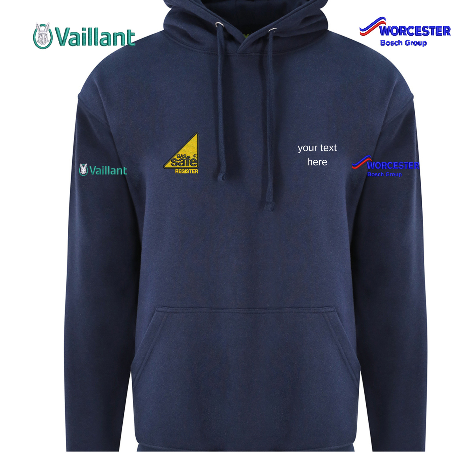 Sudadera con capucha Gas Safe Vaillant Worcester ropa de trabajo personalizada con texto de nombre de empresa