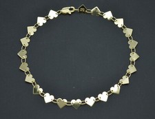 Real 14K Solid Yellow gold 7" Mirrored Chain Heart Strand Charm Bracelet