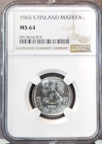 1965 FINLAND SILVER 1 MARKKA NGC MS 64 GREAT LOOKING BU COIN