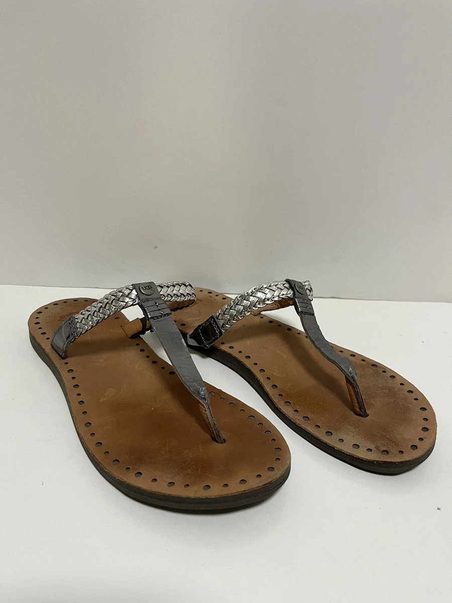 UGG Sandals Womens 7 Bria Braided Thong Flip Flop Flats 1006873 Gray Leather