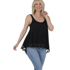 Nostalgia Black Slub Tank Top with Scalloped Lace Hemline