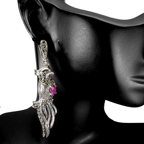 Verano 925 Pendientes Plata Ovalado Rubí 6x4mm Marcasita Pájaro Gema Joyería - Imagen 2 de 10