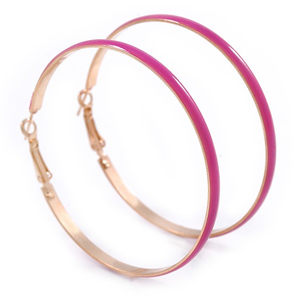 60mm Large Fuchsia Enamel Hoop Earrings In Gold Tone