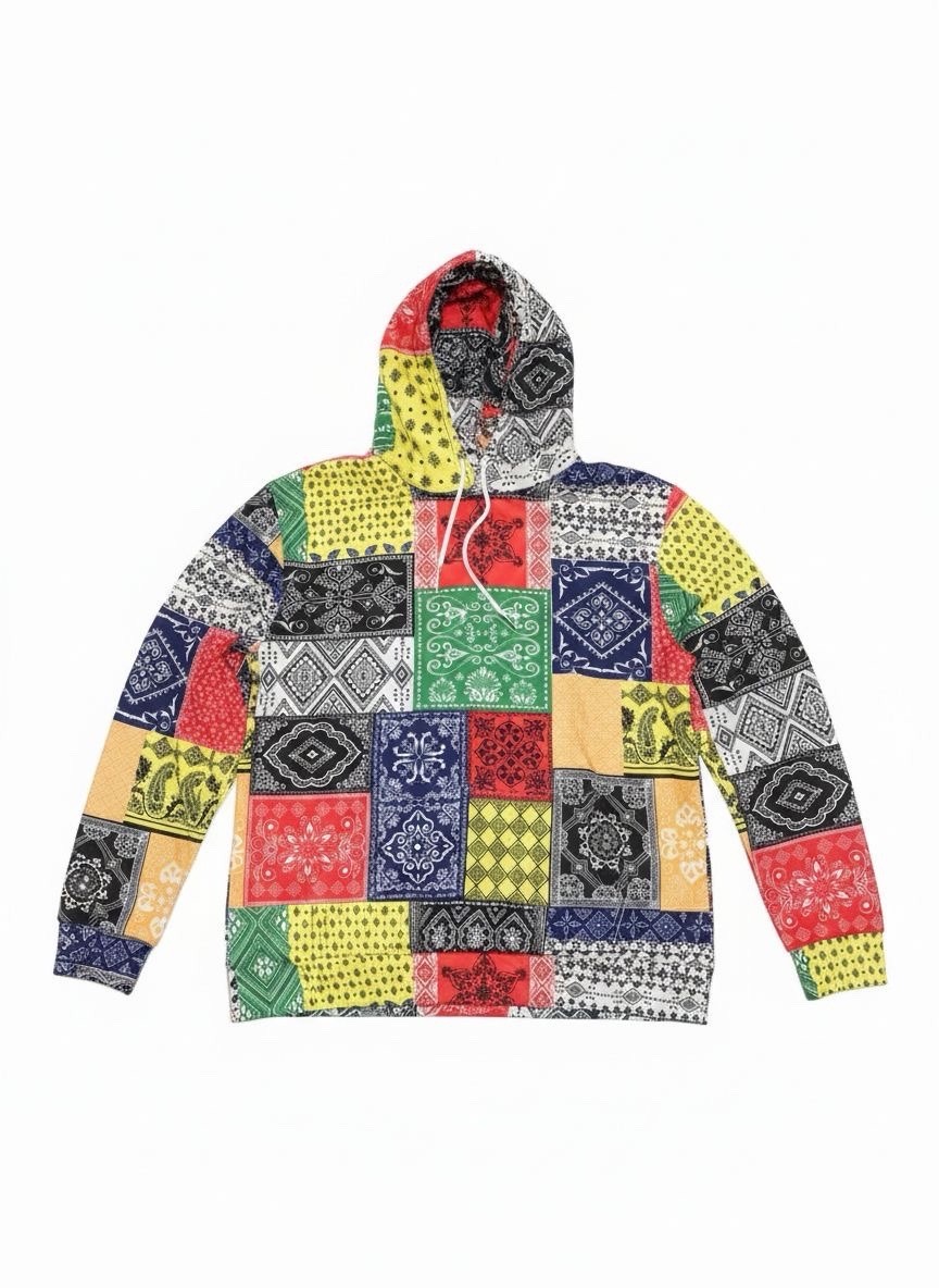 Multicolor Patchwork Fleece Pullover Hoodie Hoode… - image 1