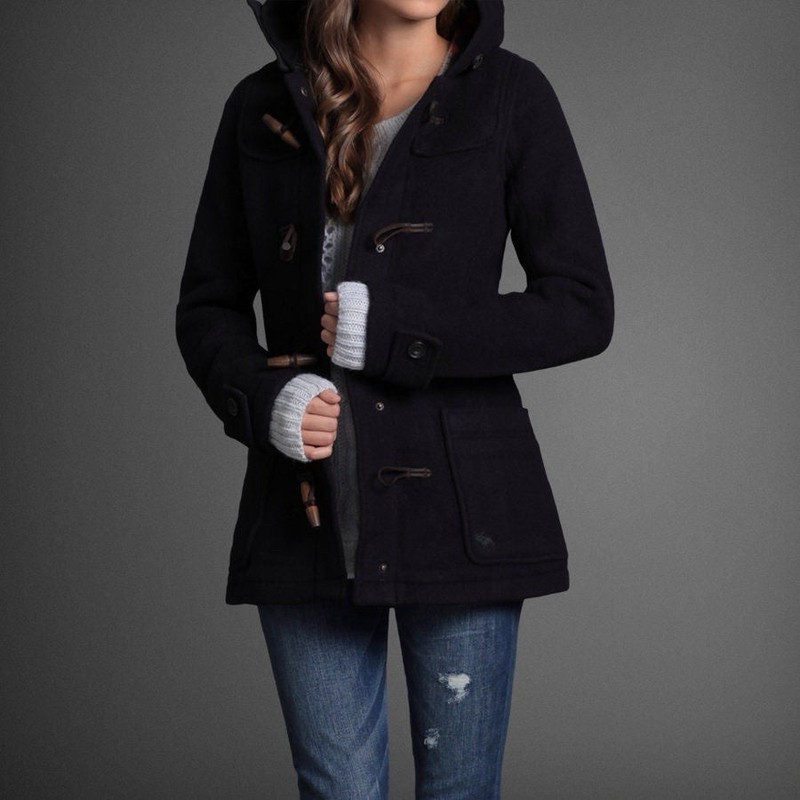 Abercrombie Wool Coat Navy Blue Plaid Lined with Hood