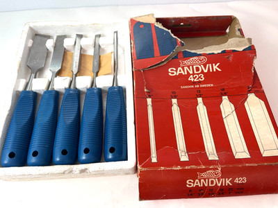 VINTAGE SANDVIK 5-TEILIGES STECHBEITEL-SET GRADUIERT HERGESTELLT IN SCHWEDEN WERKZEUGEN HOLZ