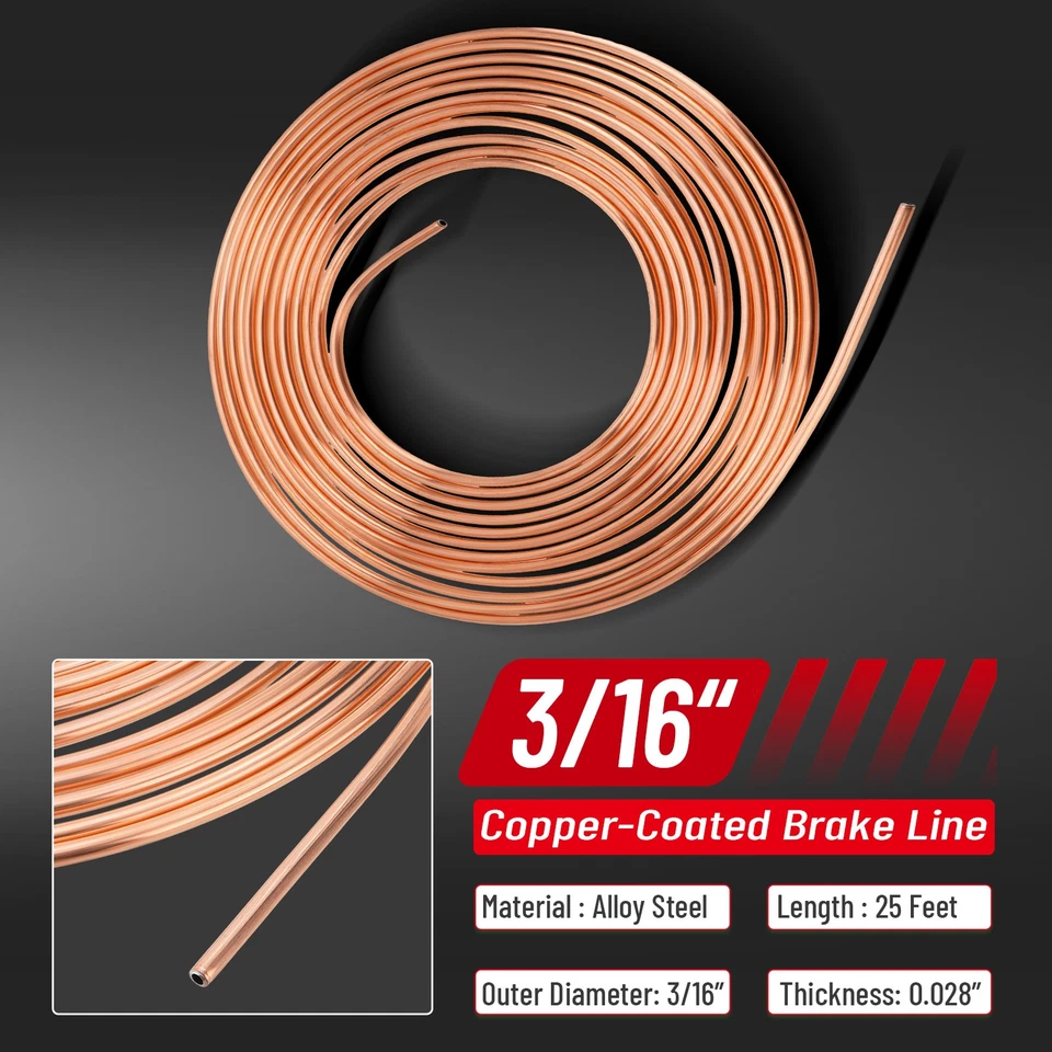 New 25Ft 3/16" Copper-Coated Brake Line Kit With Fittings, Union and Nut Repair - Image 3 of 4