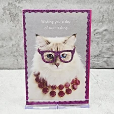 American Greetings Birthday Card 5x7 Purple Glitter Cat Multi Tasking Pamper