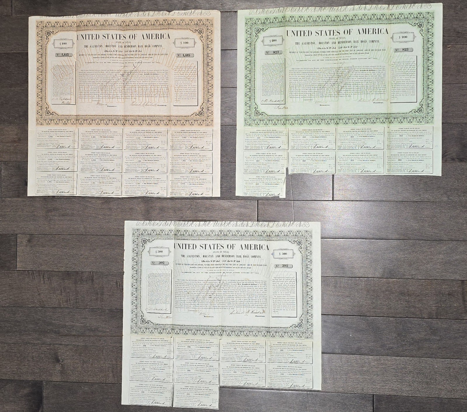 1855 Galveston Houston & Henderson Uncanceled Land Bonds Set – $100, $200, $500 