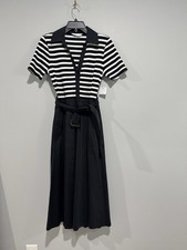 Nine West Striped Polo Midi Dress Belted Black White Short Sleeve Collared NWT
