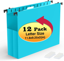 Extra Capacity Plastic Hanging File Folders,12 Pack, Letter, Blue Reinforced E