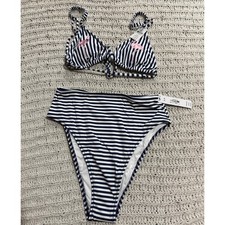 NWT VS PINK Bikini Scrunchie Triangle Top Hi Waist Bottom Sz S Flamingo Stripe