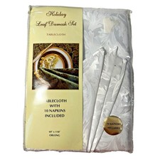 Holiday Leaf Damask Set Tablecloth with 10 Napkins Oblong 60 x 118 White