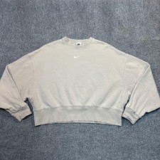 Nike Oversized Cropped Fleece Sweatshirt Womens XS Beige Crew Neck Pullover