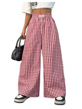 Girl's Plaid Gingham Baggy Pants Elastic High Waisted Wide Leg Long Pants Tro...
