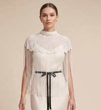 Ivory Beaded Capelet, Embroidered High-Neck Bridal Shoulder Cover Up, Fringe