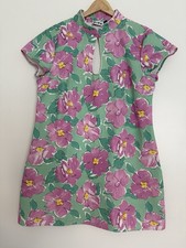 RIXO Lolita Cotton Canvas Mini Dress Azalea Bloom Pink & Green Floral Women’s L