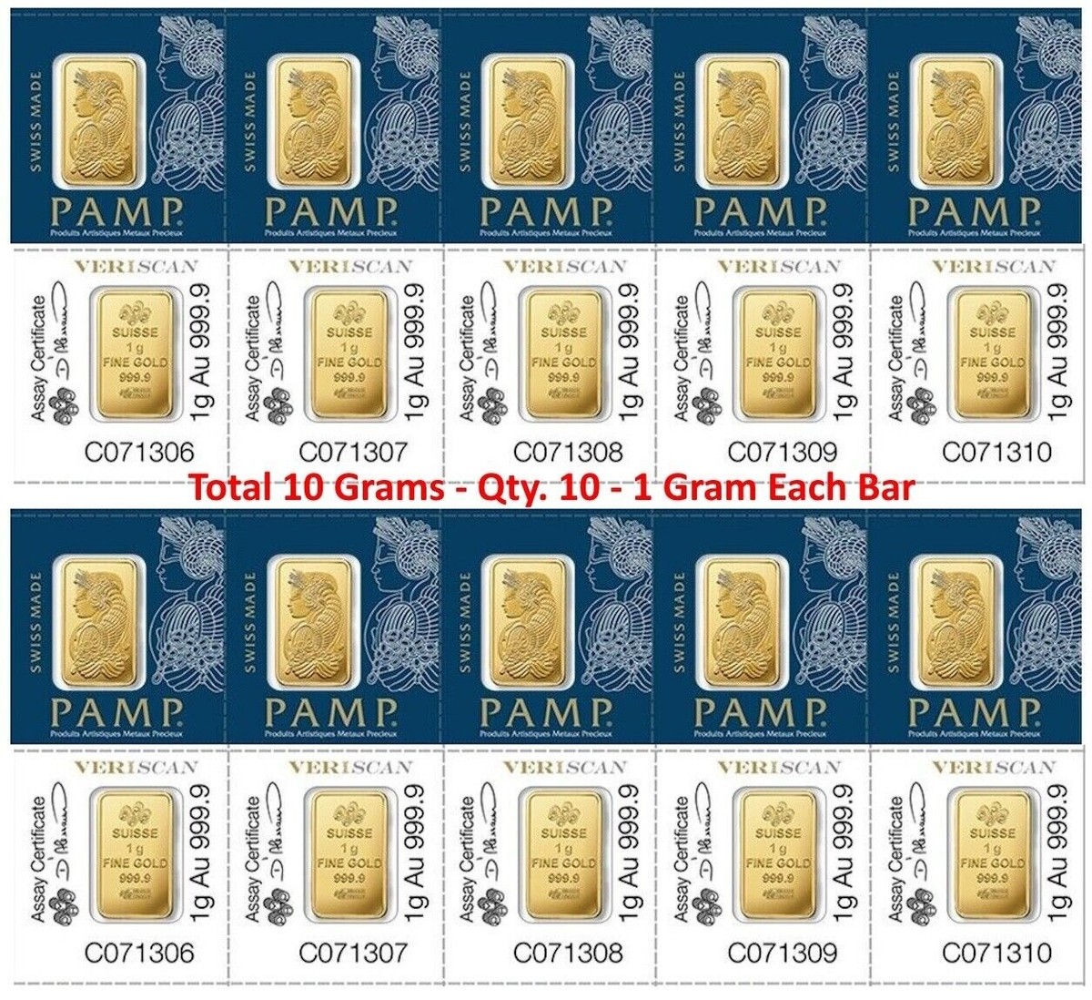 Lot of 10 - 1 Gram Gold Bar Divisible PAMP Suisse MULTIGRAM .9999 