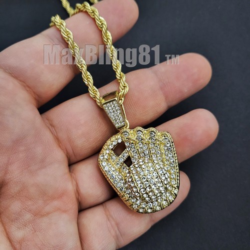 Baseball Hitter & Glove Cubic Zirconia Pendant 24" Rope Chain Hip Hop Necklace - Picture 4 of 12
