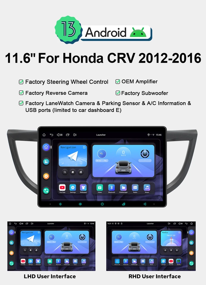 For Honda CRV 2012-2016 8+128GB Android 13 11.6 inch Head Unit Support SWC FM - Image 2 of 4