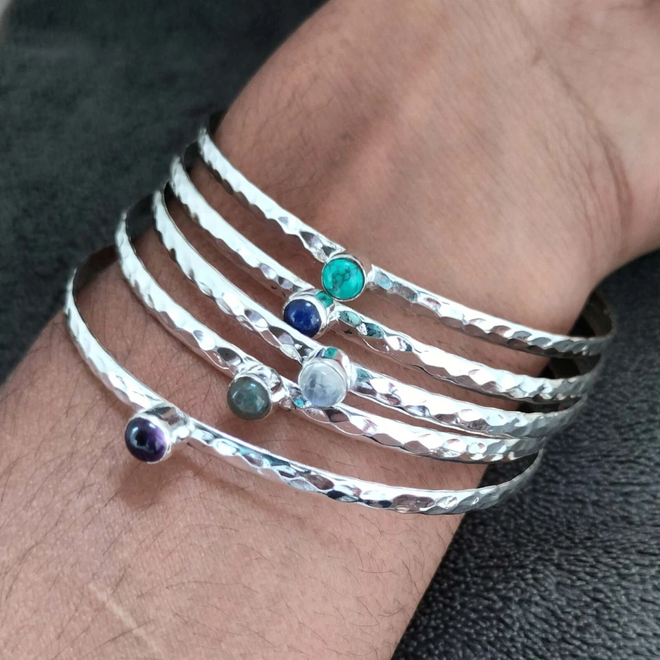 Five Gemstone Bangle 925 Sterling Silver Handmade Women Bracelet All Size SH160 - Image 2 of 4