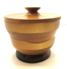 Vintage 1980's Handcrafted Solid Wood 5x6 Round Lathe Turned Footed Bowl w Lid