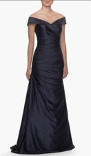 La Femme Off the Shoulder Ruched Satin Trumpet Gown Navy 495 New Size 12