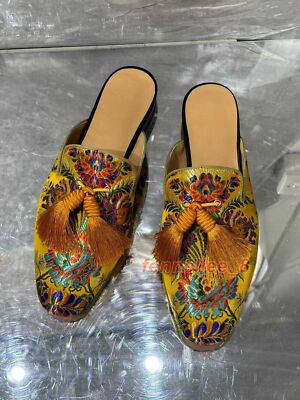 Men's Embroidered Shoes Flat Slippers Summer Outerwear Sandals Genuine Leather
