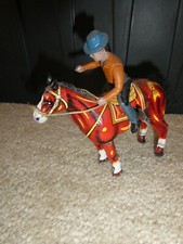 Vintage 1950s Mikuni Japan Tin Litho Windup Hopping Cowboy on Horse Toy 5.5" T