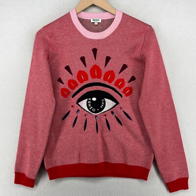 KENZO Paris Sweater Womens M Eye Embroidered Beaded Jumper Pullover Red