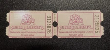 2 CONNECTED VINTAGE CHUCK E CHEESE PRIZE TICKETS -CAT# 314-GT - VG COND