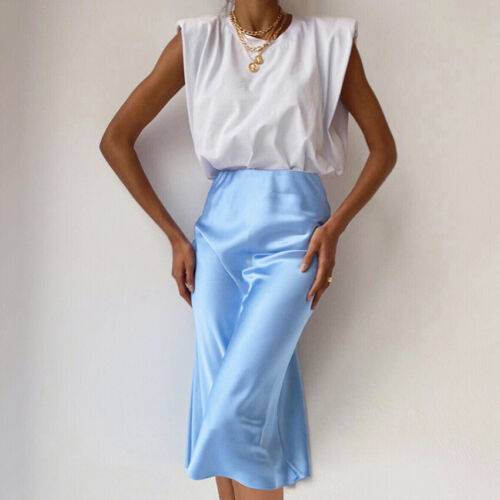 Summer Women Elegant Solid Color Wrap Hip Skirt High Waist Satin Slim Fit Skirt