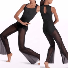 Weissman Elite dance costume black Mesh Flare Leg Unitard 16393 SA-Small adult