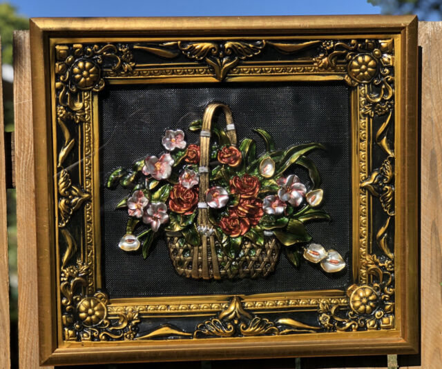 Gold Framed 3D Flowers in Basket Inlay Picture Art Shadow Box 20” X 22 1/2”