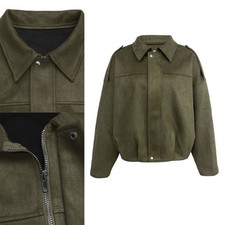 Womens Stylish Faux Suede Baseball Jackets Lapel Long Sleeve Front Zip-up Tops