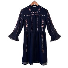 Whistles Shirt Dress Size UK 10 Floral Embroidered Black Flared Sleeve Party
