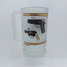 Smith and Wesson 1995 Frosted 6in Glass Mug Cup w/ Model 915 & 38 w/ 2" Barrel