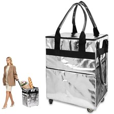 Reusable Grocery Bag on 4 Swivel Wheels, 60L Large Rolling Tote Bag, Silver