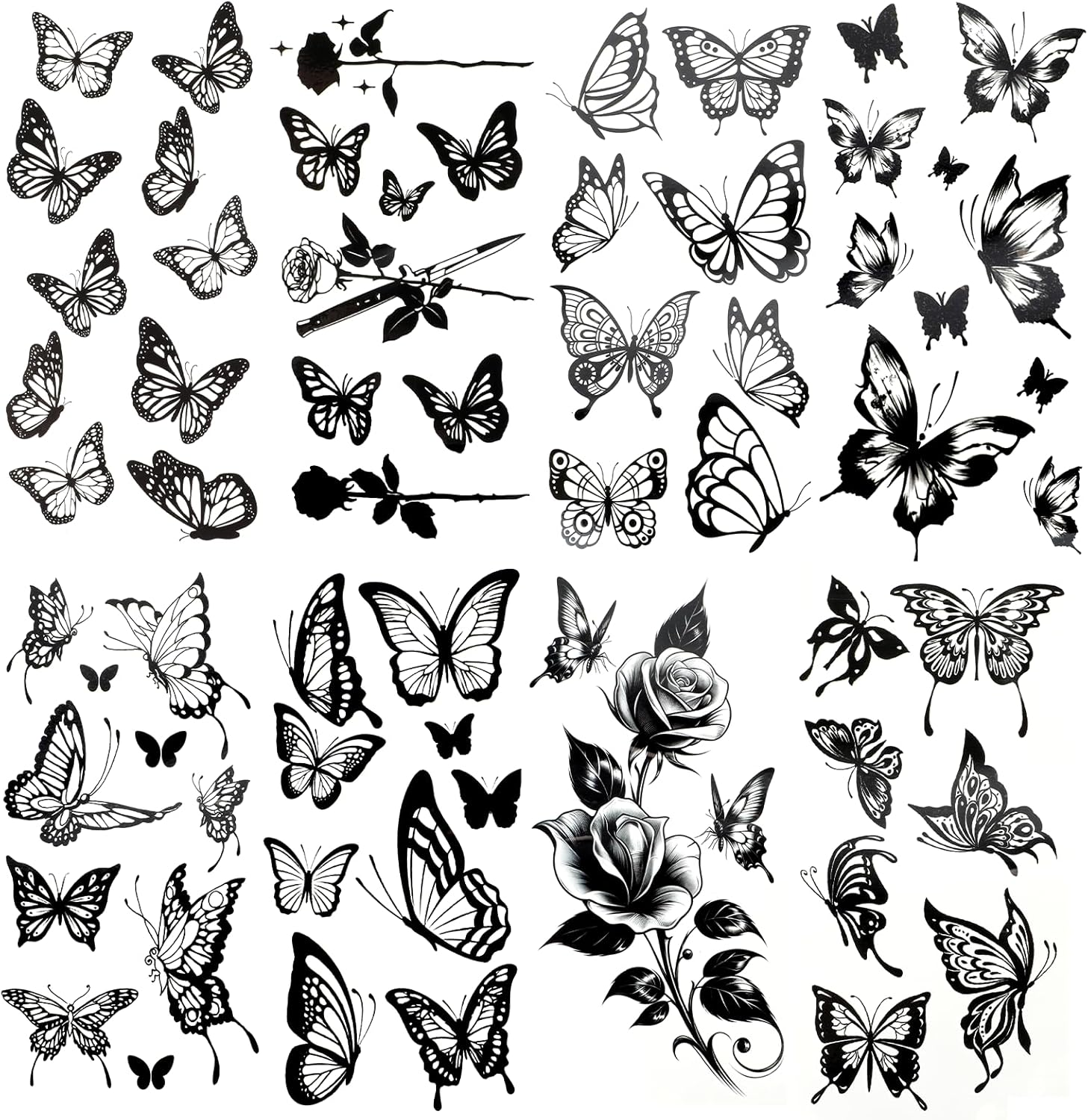 8 Sheets Large Black Butterfly Temporary Tattoos Stickers Waterproof Fake Tattoo